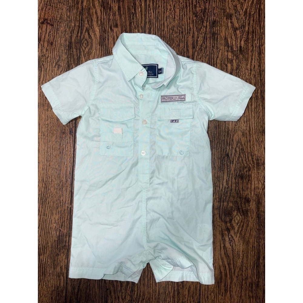 Properly Tied Unisex Baby blue  One Piece Shortall Size 12 Months